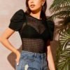 Puff Sleeve Lace Sheer Top Without Bra