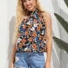Fold Pleated Front Floral Print Halter Top