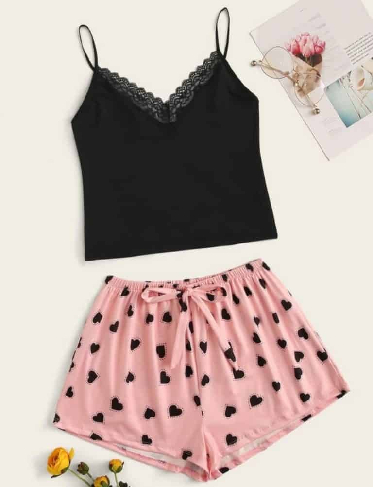 Lace Trim Cami Top With Heart Shorts PJ Set