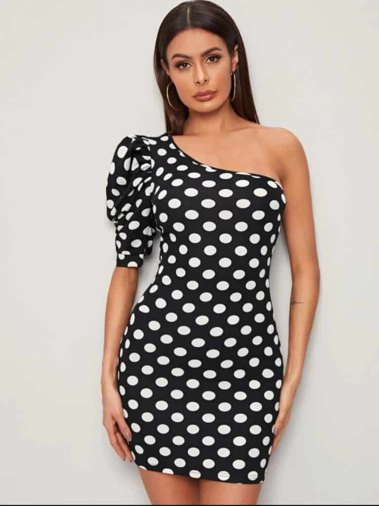 One Shoulder Puff Sleeve Polka Dot Bodycon Dress