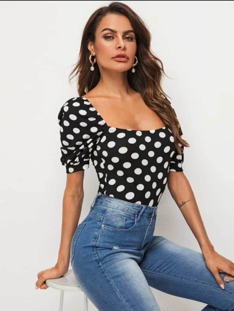 Square Neck Puff Sleeve Polka Dot Top