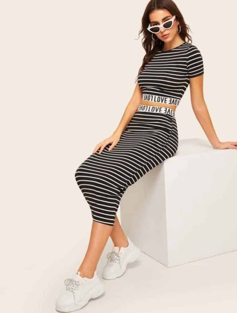 Letter Tape Striped Crop Top and Pencil Skirt Set