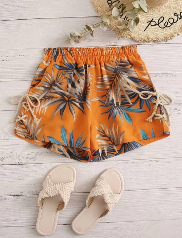 Tropical Print Lace Up Tie Front Shorts