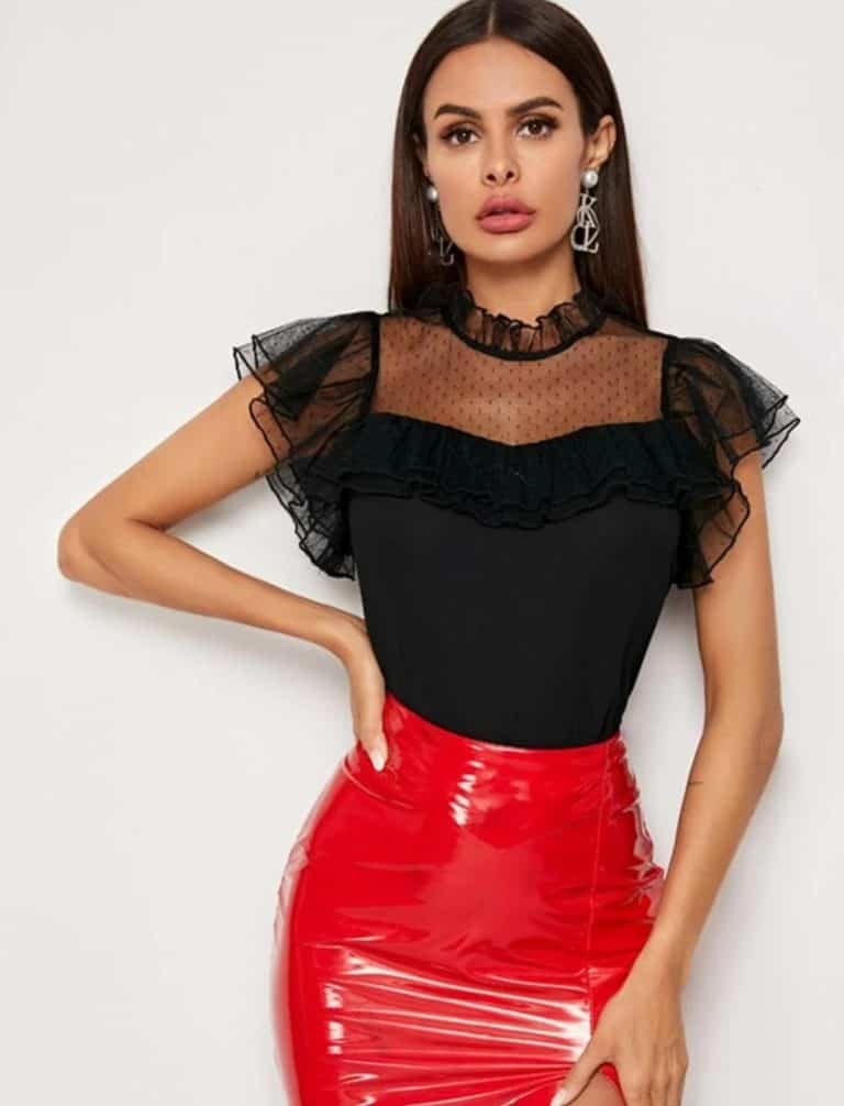 Frill Neck Layered Ruffle Armhole Sheer Mesh Detail Top