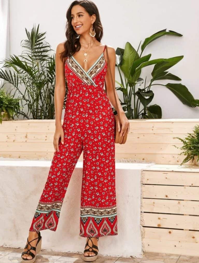 Surplice Neck Wide Leg Floral and Tribal Print Slip Jumpsuit