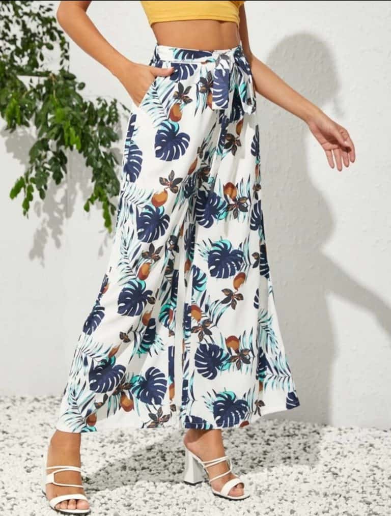 Self Belted Tropical Print Wide Leg Pants