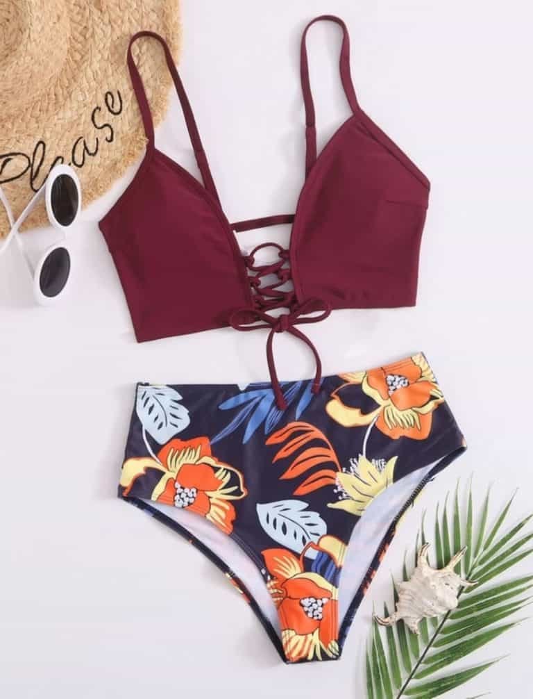 Random Floral Lace Up Front High Waisted Bikini Swimsuit