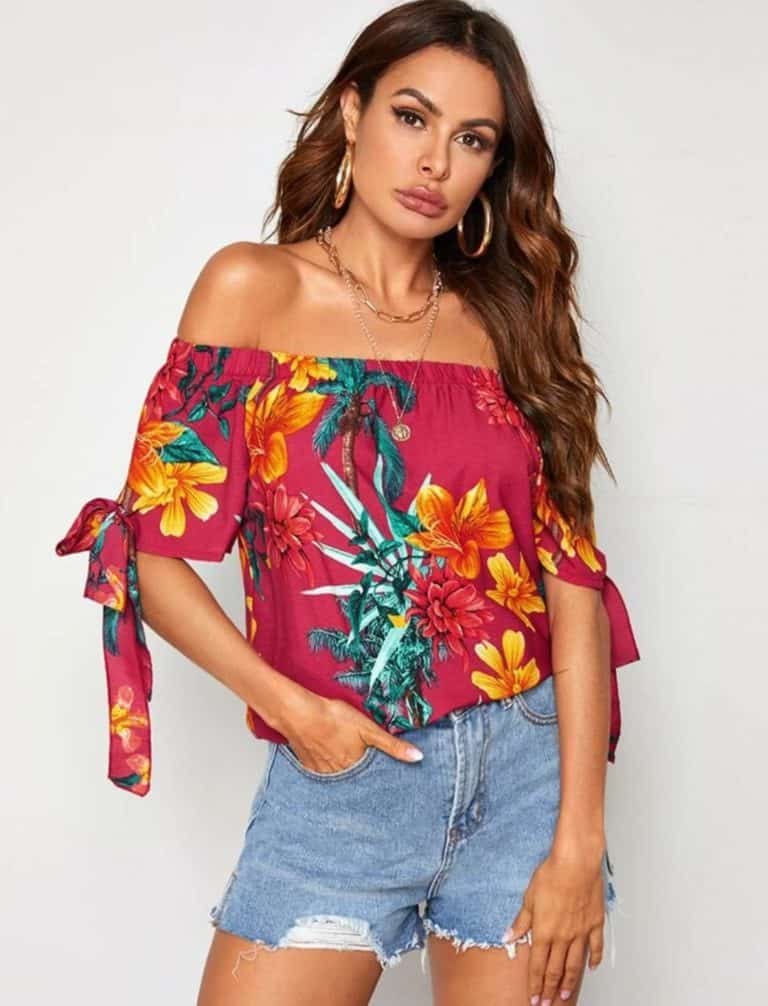 Tropical & Floral Print Off Shoulder Top