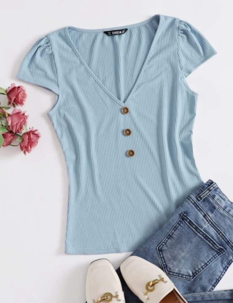 V-Neck Buttoned Front Rib-knit Top