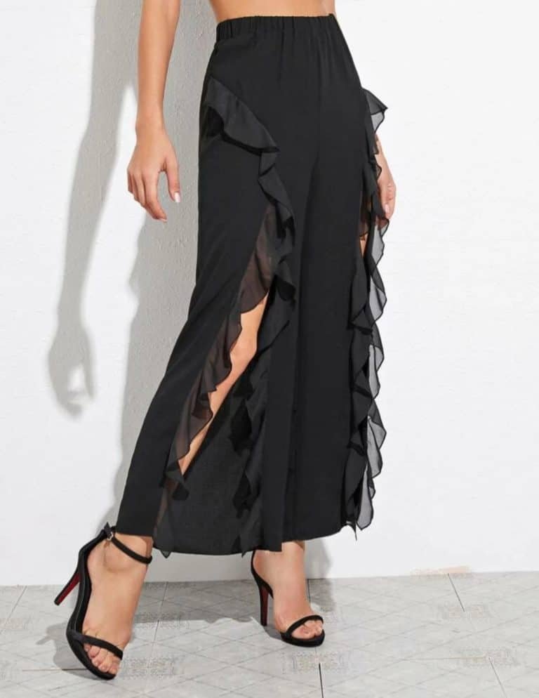 Ruffle Trim High Split Wide Leg Pants