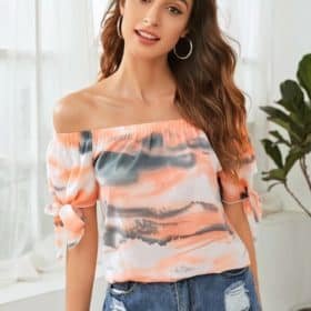 Off Shoulder Knotted Cuff Tie Dye Top