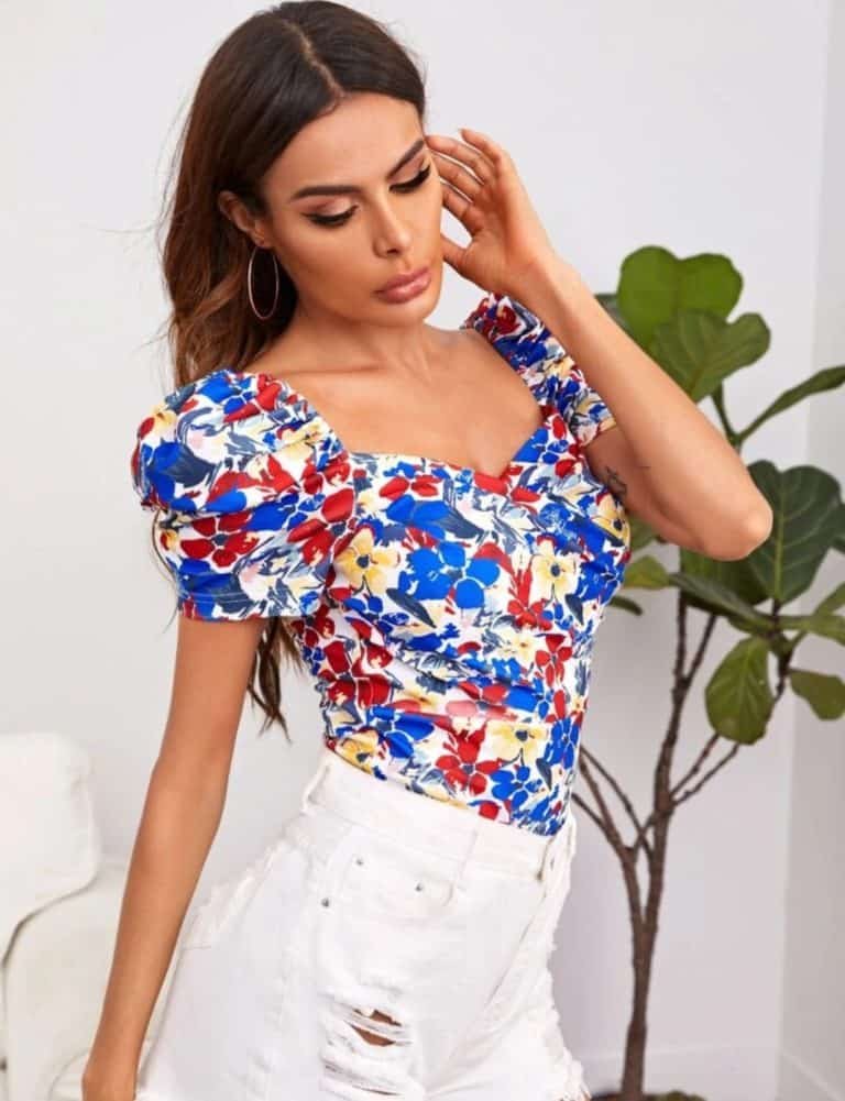 Sweetheart Neck Puff Sleeve Floral Top