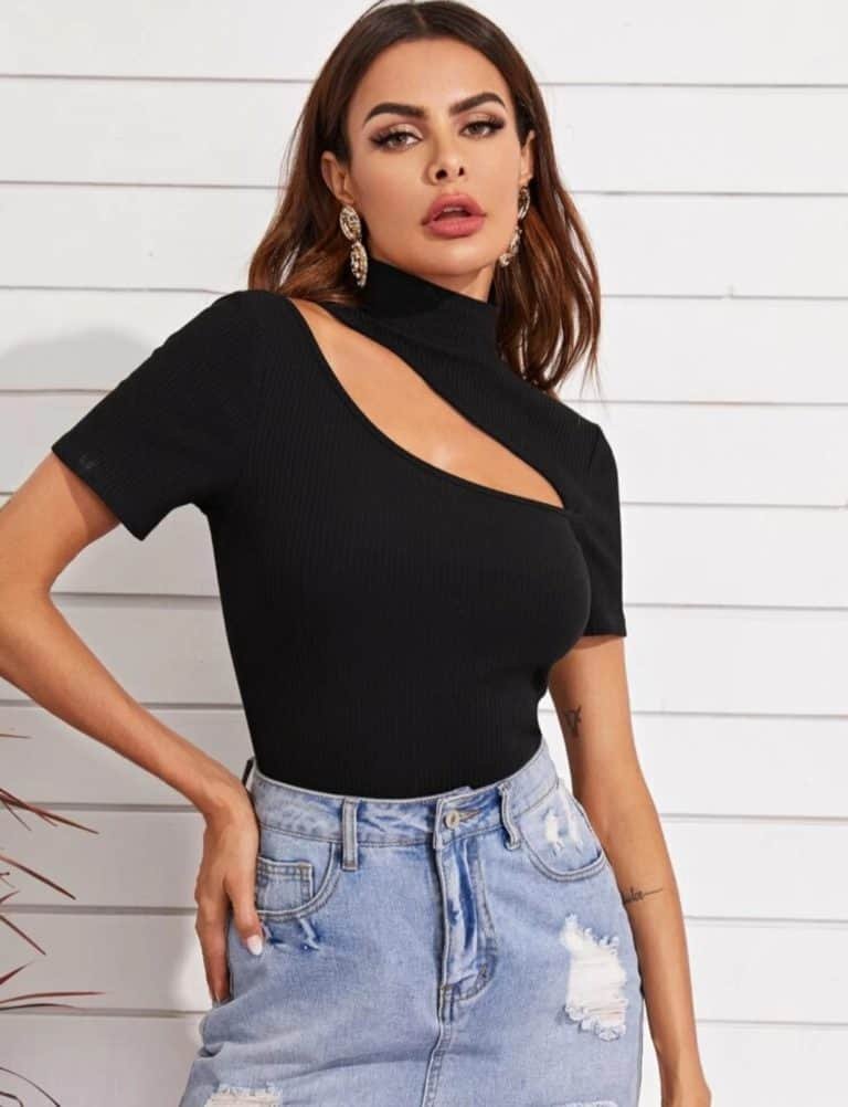 High Neck Cutout Shoulder Rib-knit Tee