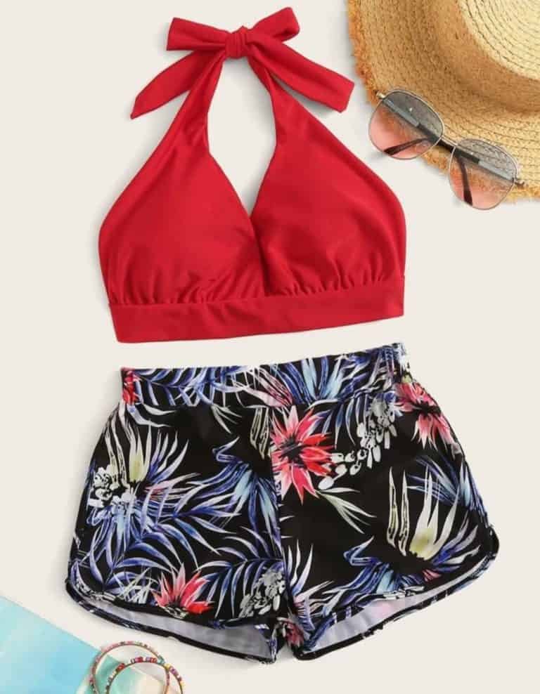 Halter Tropical Shorts Bikini Swimsuit