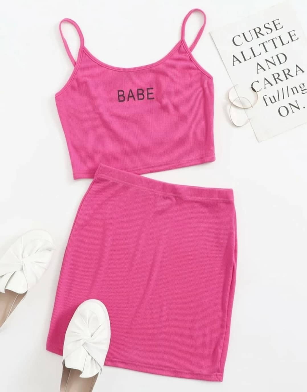 Letter Graphic Rib-knit Cami Top & Skirt Set