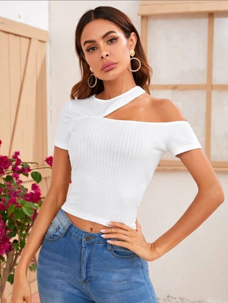 Choker Asymmetrical Neck Rib-knit Top