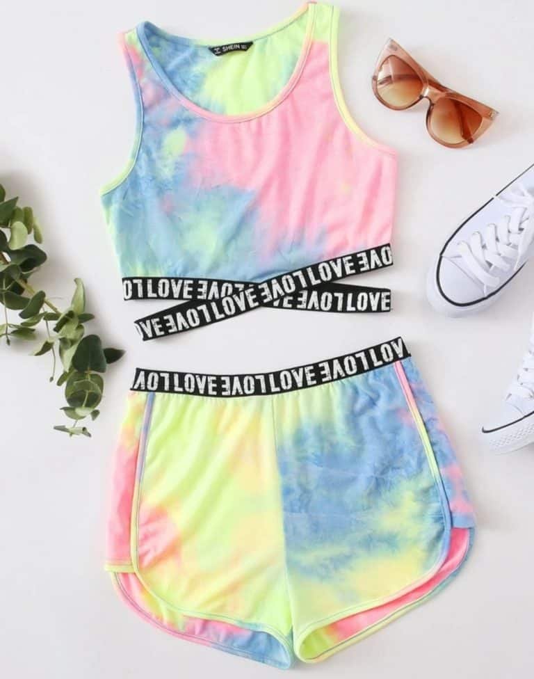 Contrast Letter Tape Detail Tie Dye Tank Top and Shorts Set