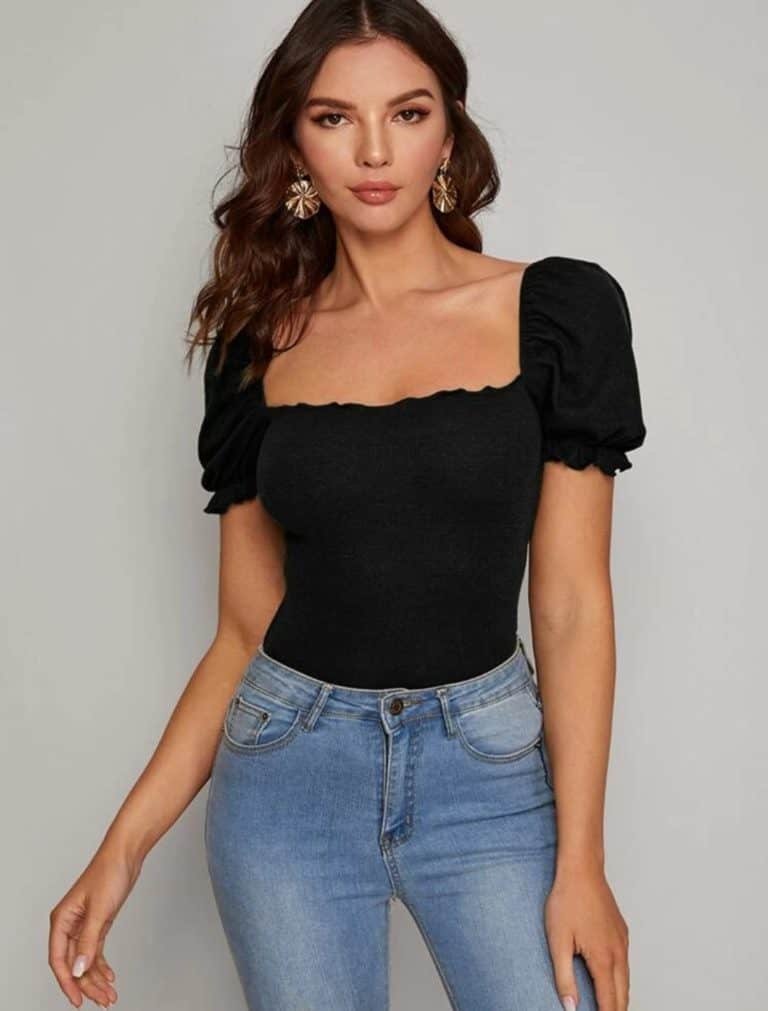 Frill Trim Puff Sleeve Rib-knit Tee