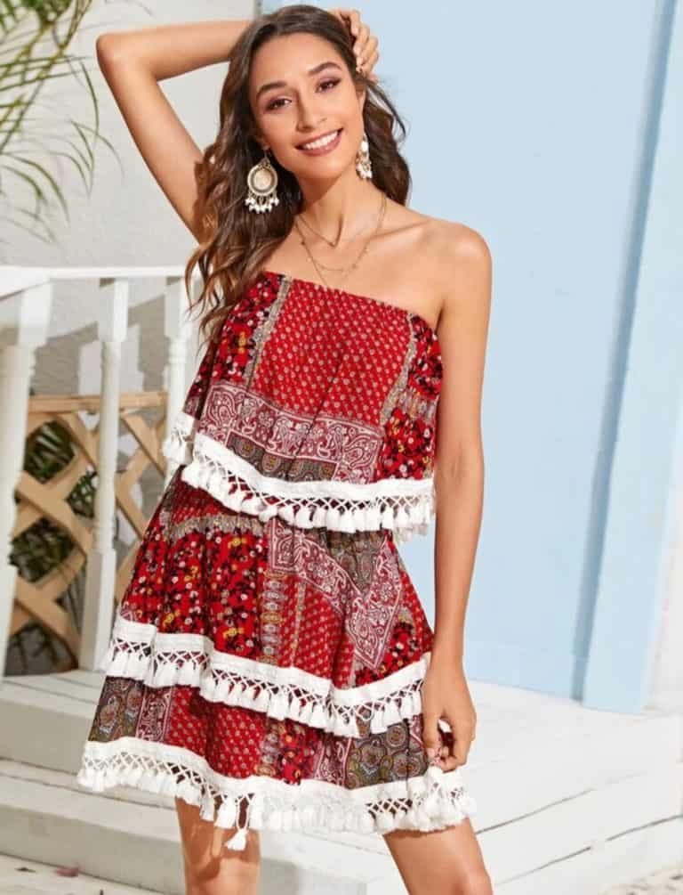 Floral & Paisley Tassel Hem Tube Top & Skirt Set