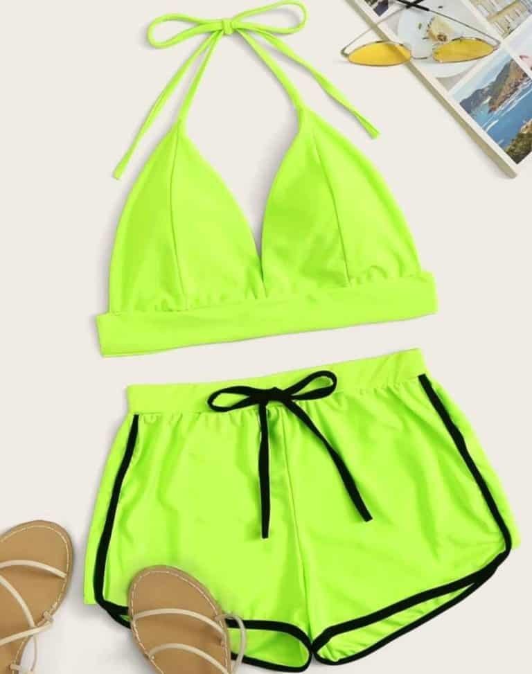 Neon Lime Halter Shorts Bikini Swimsuit