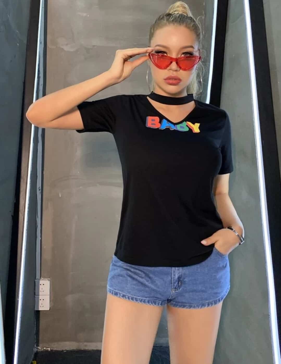 Letter Graphic Choker Neck Tee - Image 2