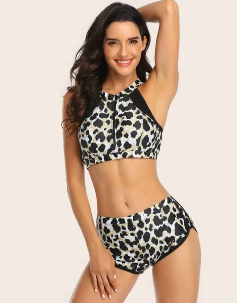 Leopard Zipper Front Bikini Swimsuit