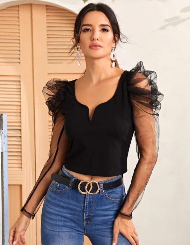 Sweetheart Neck Mesh Leg-of-mutton Sleeve Top