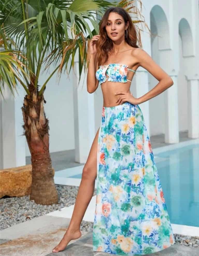 Floral Split Side Mesh Cover Up Skirt