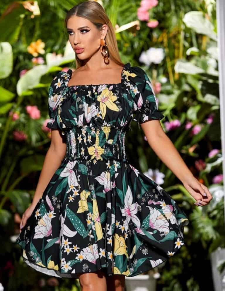 Floral Shirred Waist Frill Milkmaid Dress