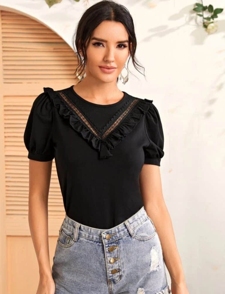 Puff Sleeve Ruffle Trim Lace Insert Top