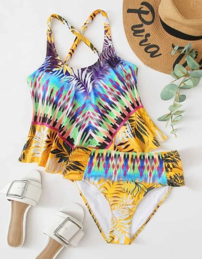 Palm Print Hanky Hem Bikini Swimsuit