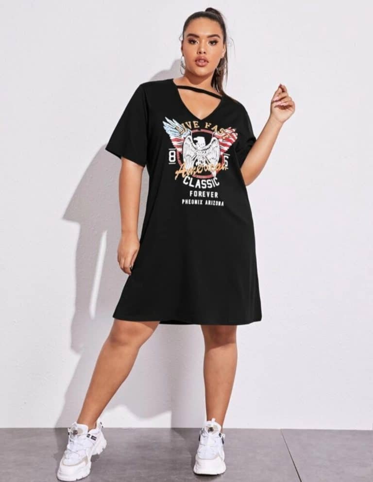 Plus Eagle And Letter Graphic Peekaboo Dress