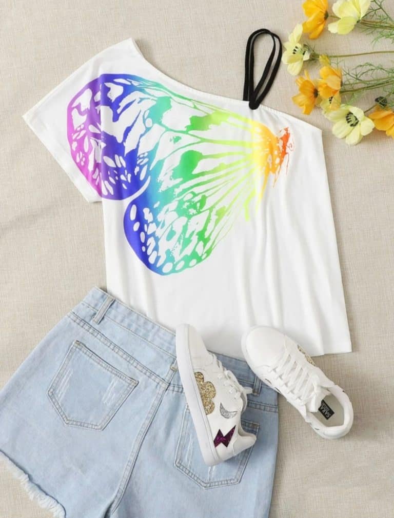 Asymmetrical Neck Butterfly Print Top