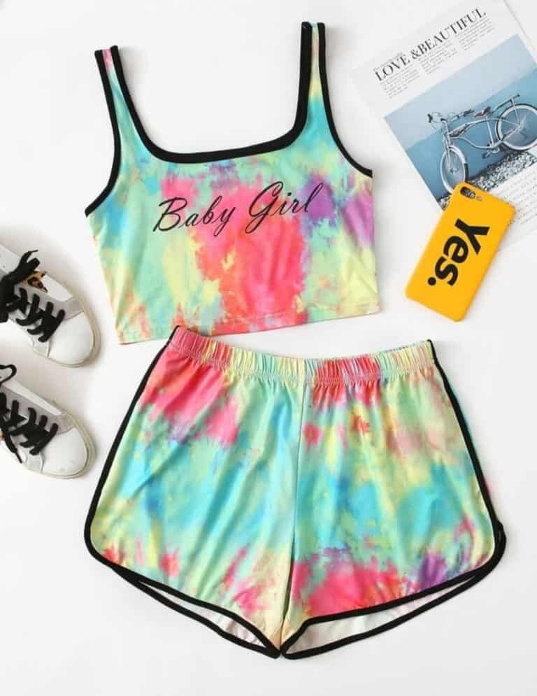 Letter Graphic Tie Dye Tank Top & Dolphin Shorts Set