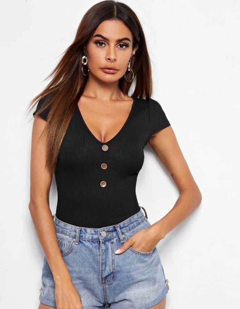 V-Neck Buttoned Front Rib-knit Top