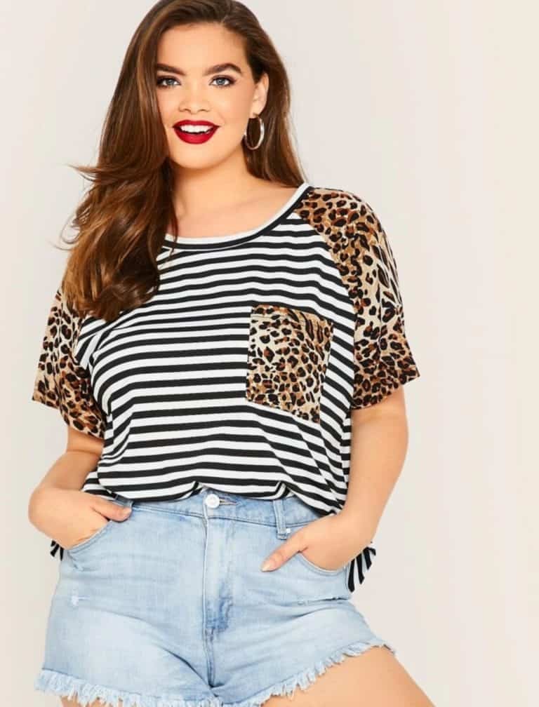 Plus Striped & Leopard Print Pocket Tee