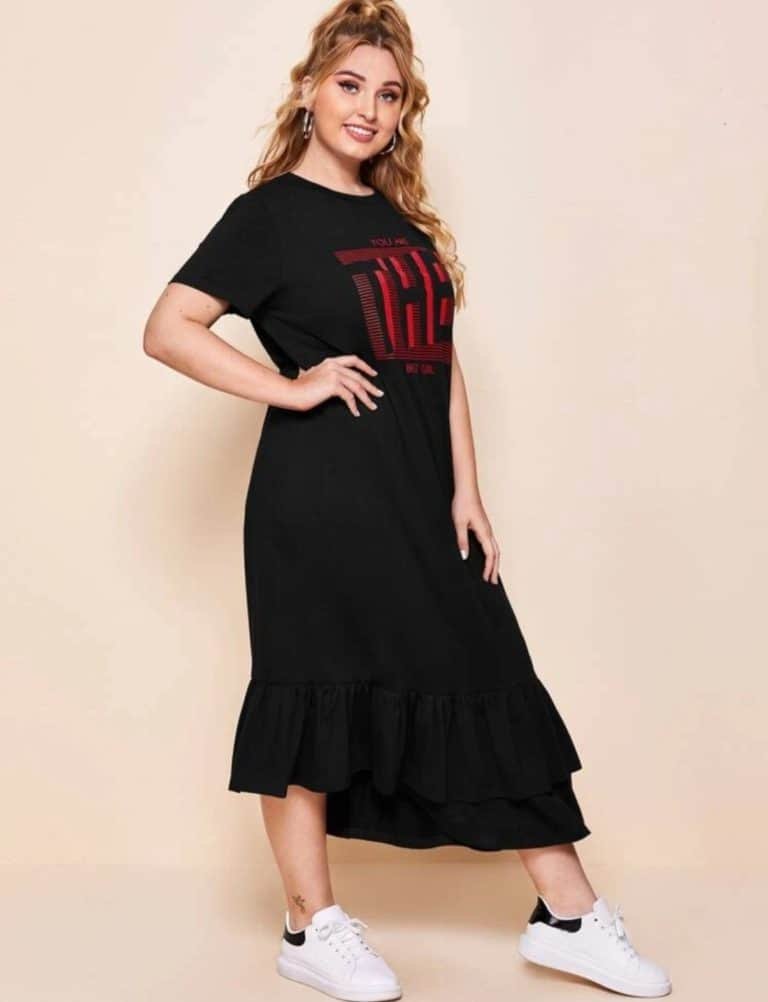 Plus Asymmetrical Ruffle Hem Slogan Graphic Dress