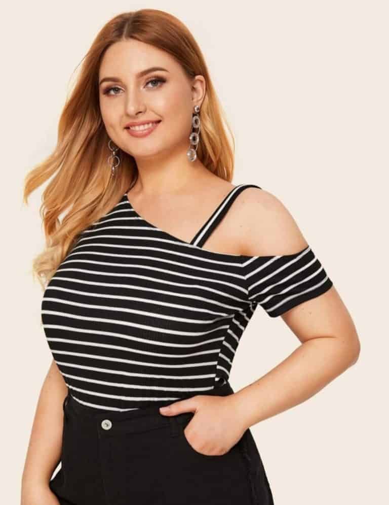 Plus Asymmetrical Neck Striped Tee