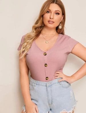 Plus Button Front Rib-knit Tee