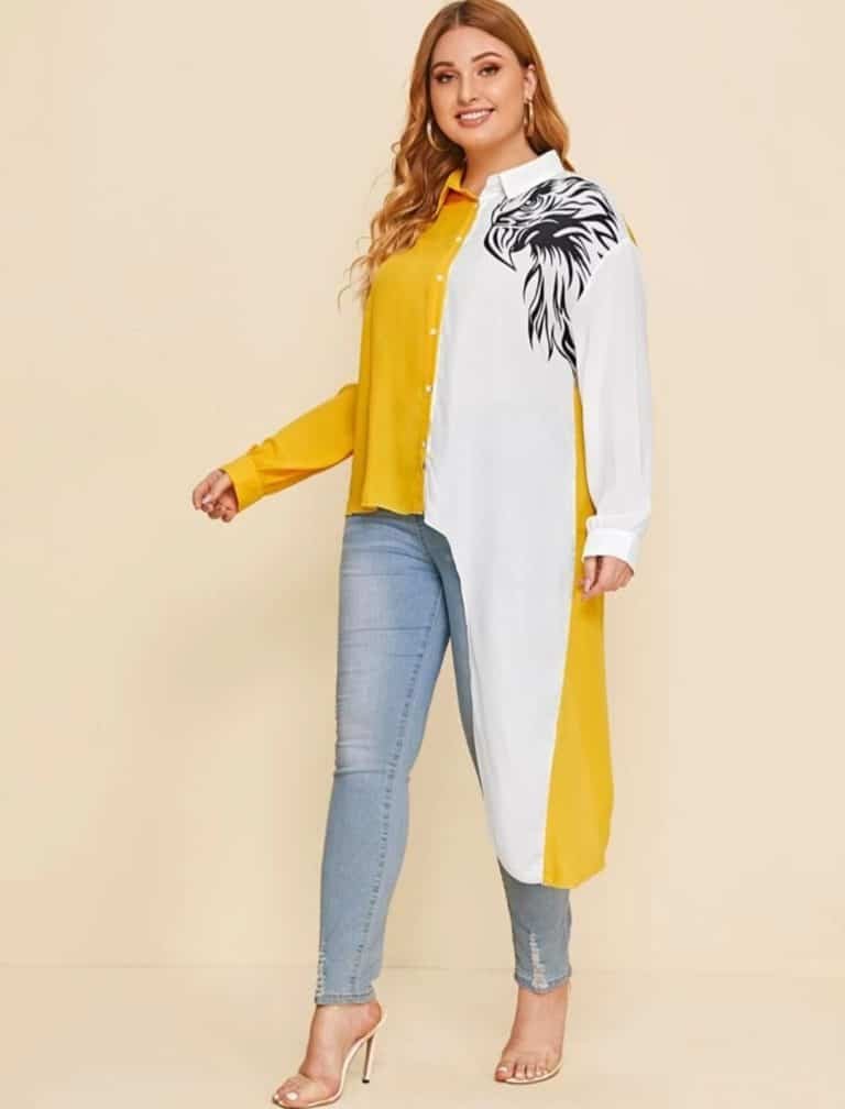Plus Eagle Print Colorblock Asymmetrical Hem Blouse