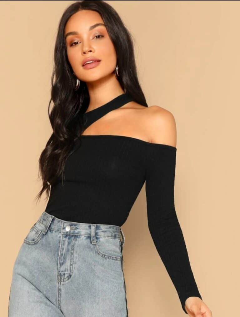 Ribbed Cutout Asymmetrical Neck Top