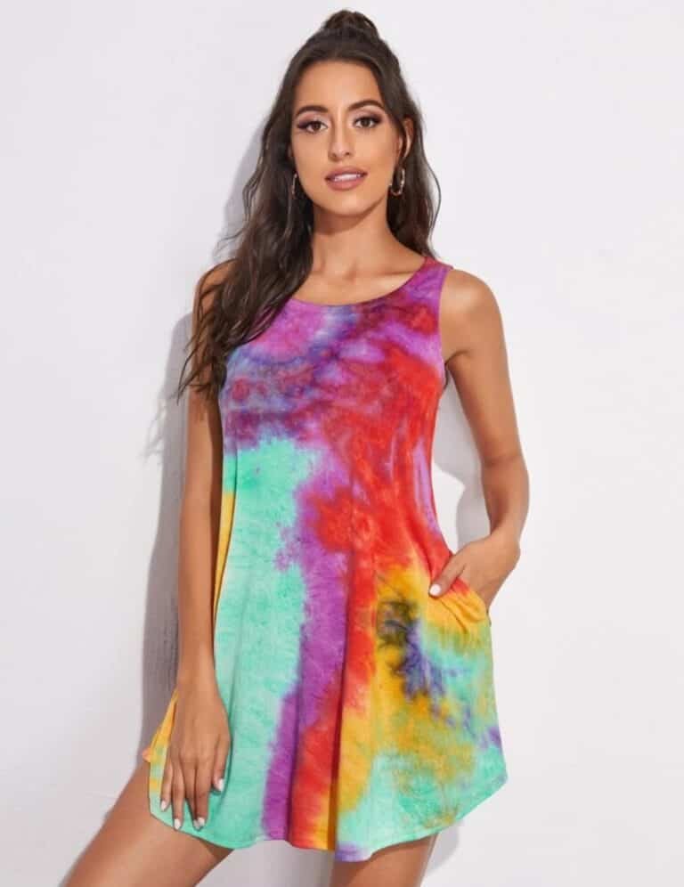 Slant Pocket Curved Hem Tie Dye Dress