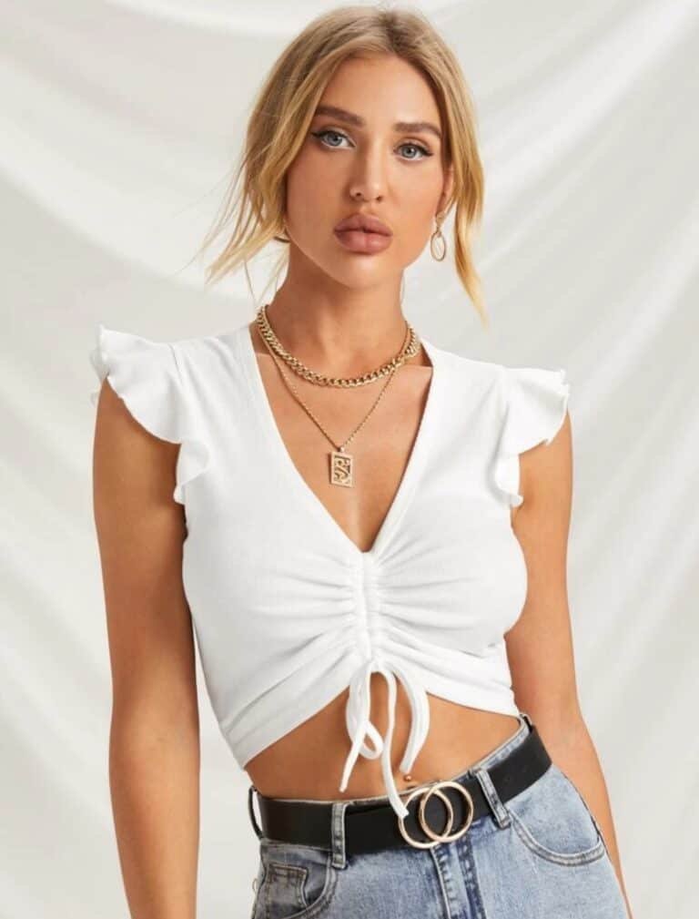 Ruffle Armhole Drawstring Ruched Front Crop Top