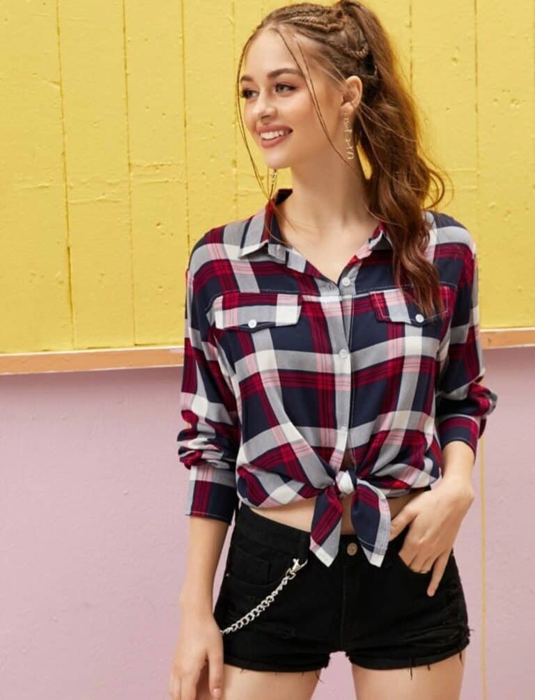 Plaid Curved Hem Blouse