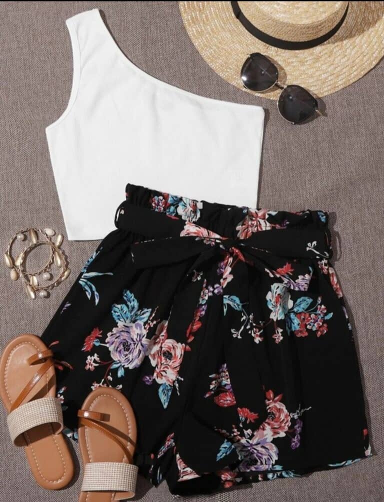 One Shoulder Top & Paperbag Waist Floral Shorts Set