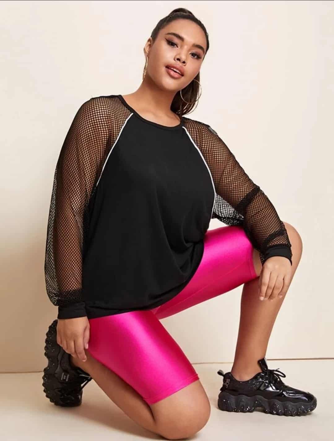 Plus Contrast Fishnet Raglan Sleeve Tee