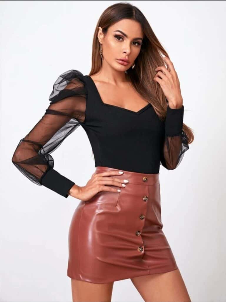 Sheer Mesh Gigot Sleeve Solid Top