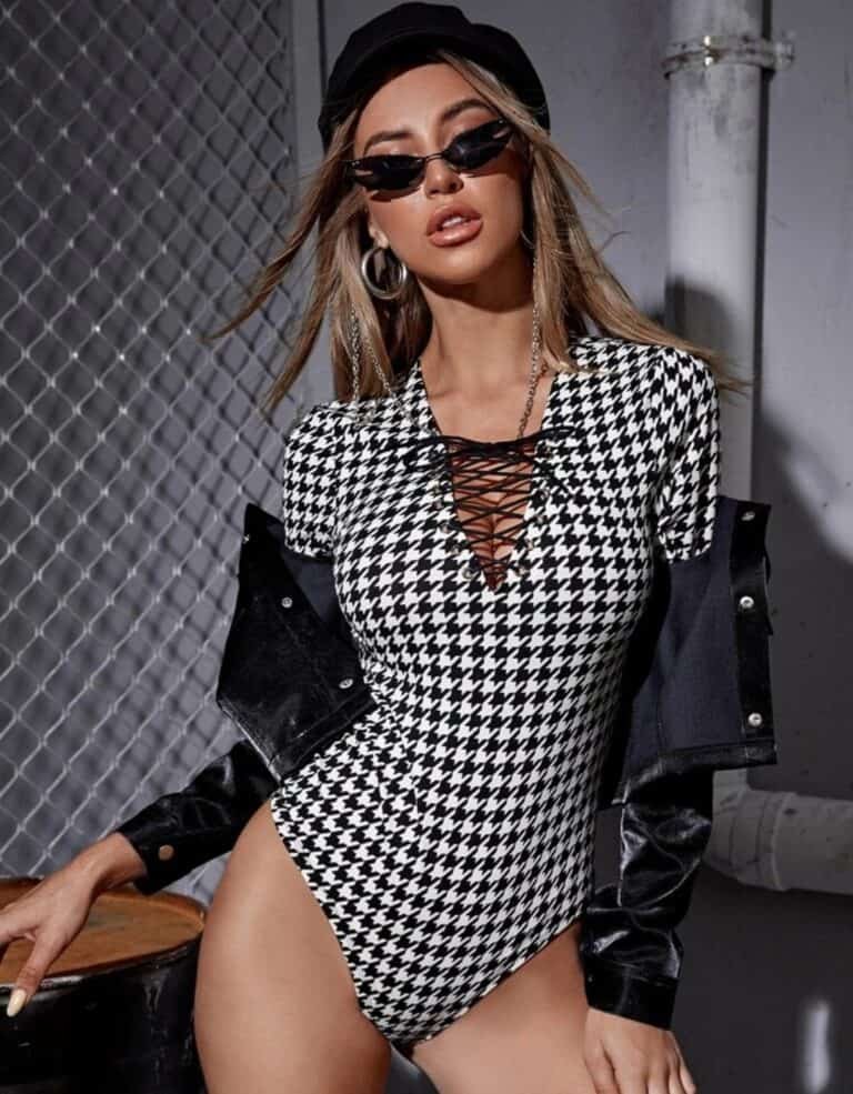 Houndstooth Lace Up Front Bodysuit