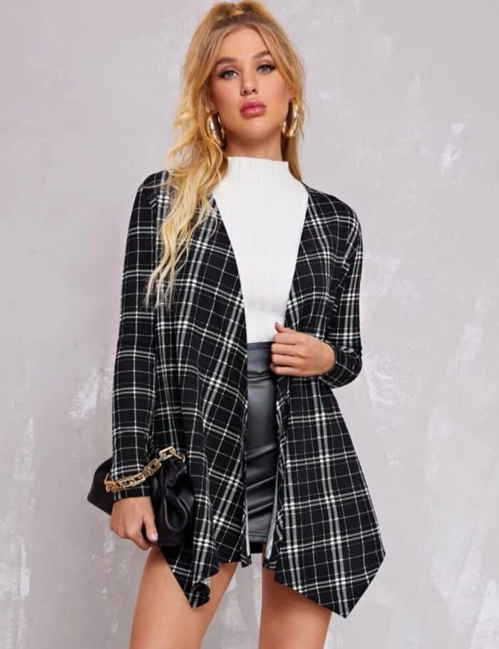 SHEIN Open Front Asymmetrical Hem Plaid Coat