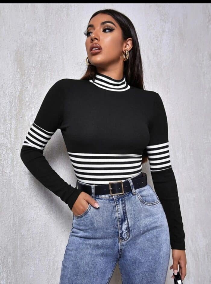 Mock-neck Striped Slim Tee